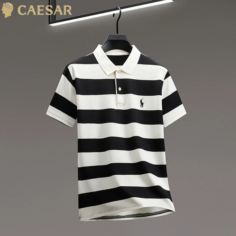 凯撒大帝夏季高级条纹短袖polo衫男休闲百搭翻领T恤潮流痞帅体恤