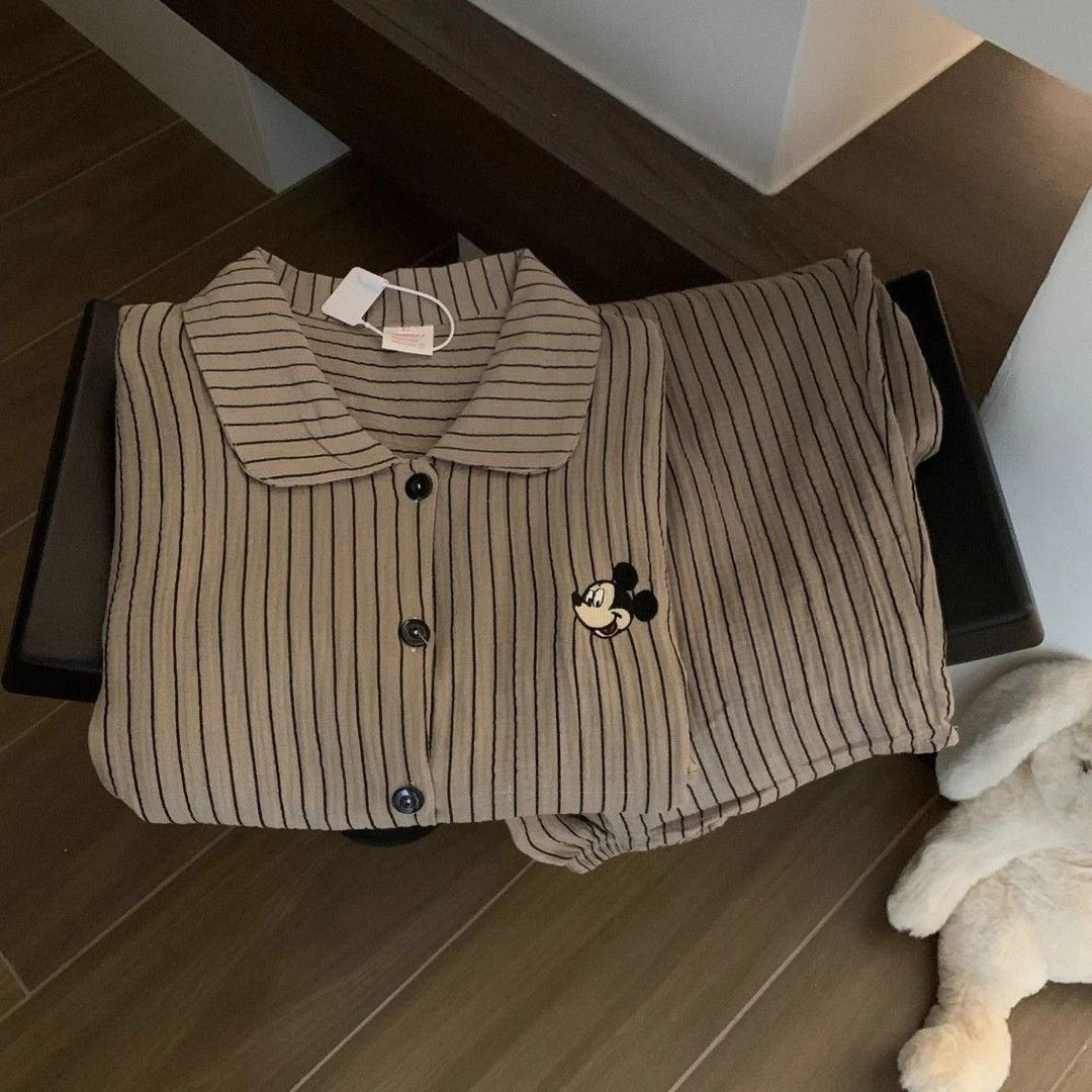 条纹米奇云朵棉睡衣女春秋季新款长袖长裤甜美卡通大码家居服套装