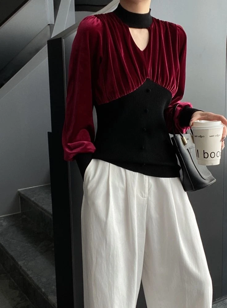 ANYUMO/安妤茉8142小众设计长袖修身型丝绒小衫短款女复古秋季