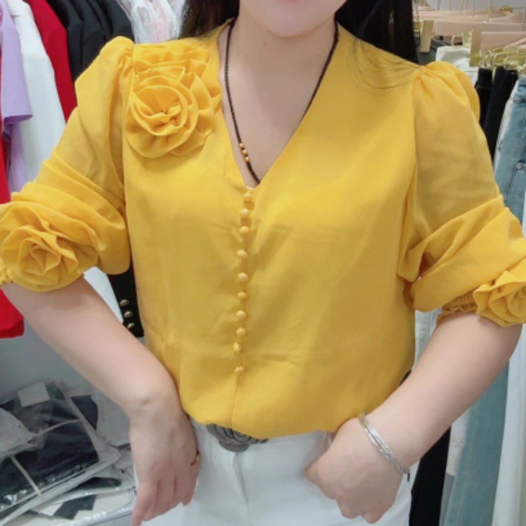 韩版时尚重工V领花朵宽松长袖衬衫女春季潮流上衣