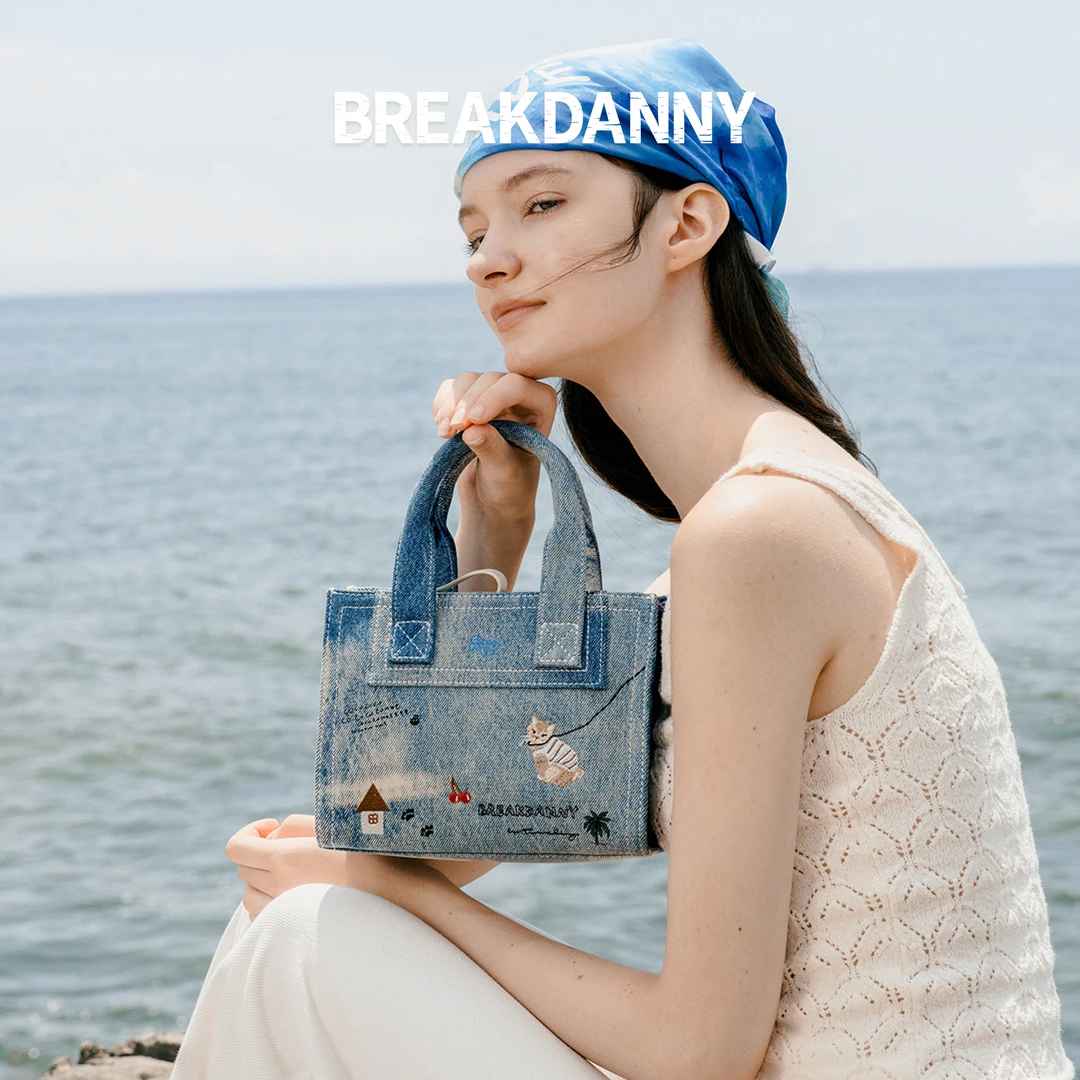BREAKDANNY打破丹宁牛仔字母猫咪刺绣印花Tote托特包  手提斜挎包