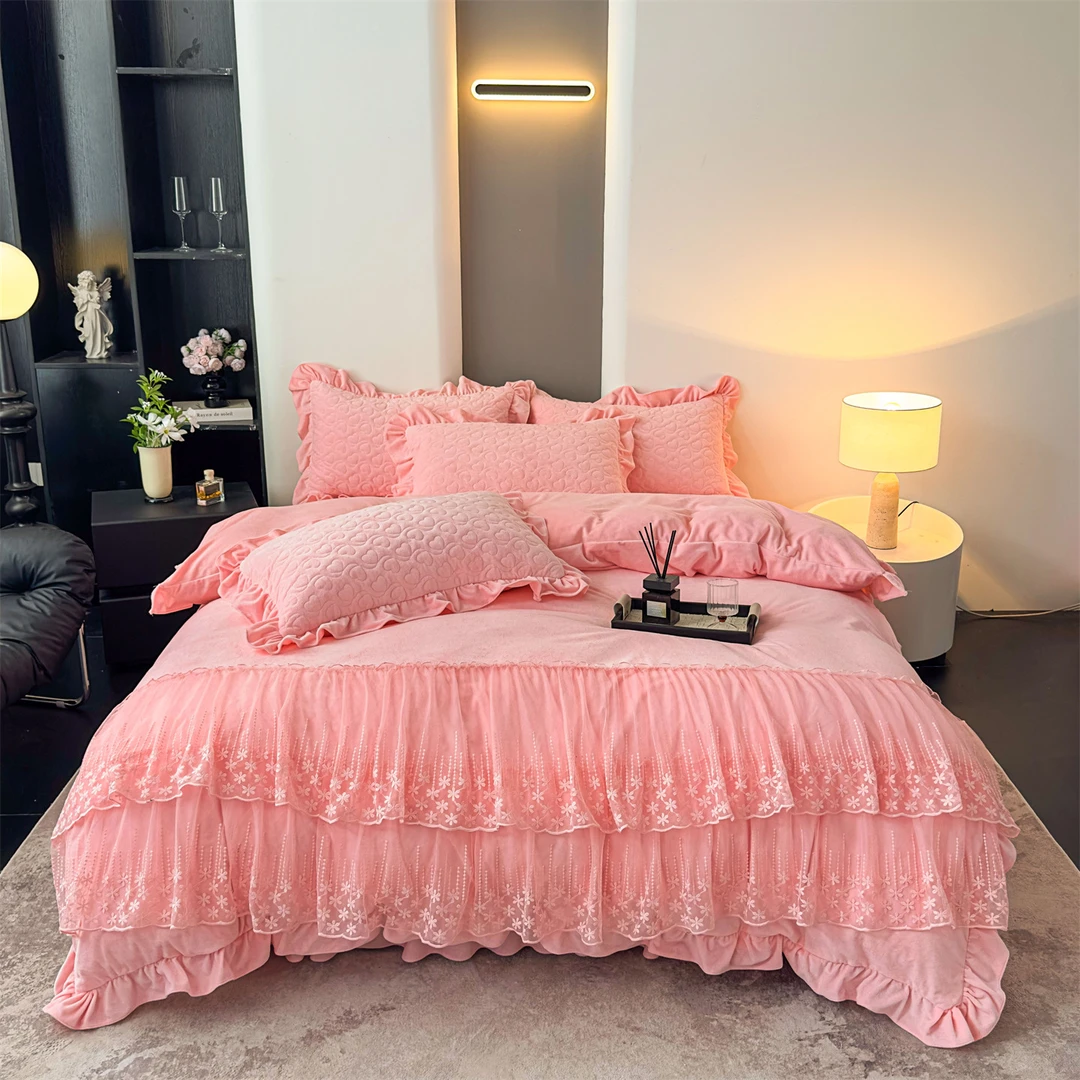 A类可裸睡宝宝绒被套床裙四件套加厚夹棉床罩4件套防静电牛奶绒冬