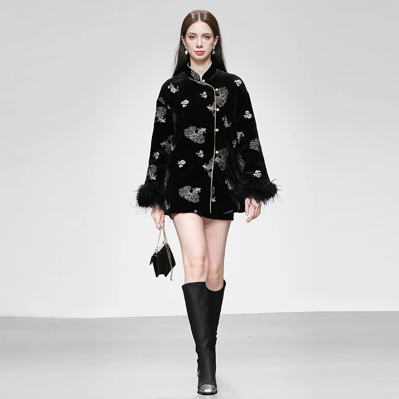 DF-冬季摩登都市新中式立领刺绣直充丝绒短款国风羽绒服GC34788