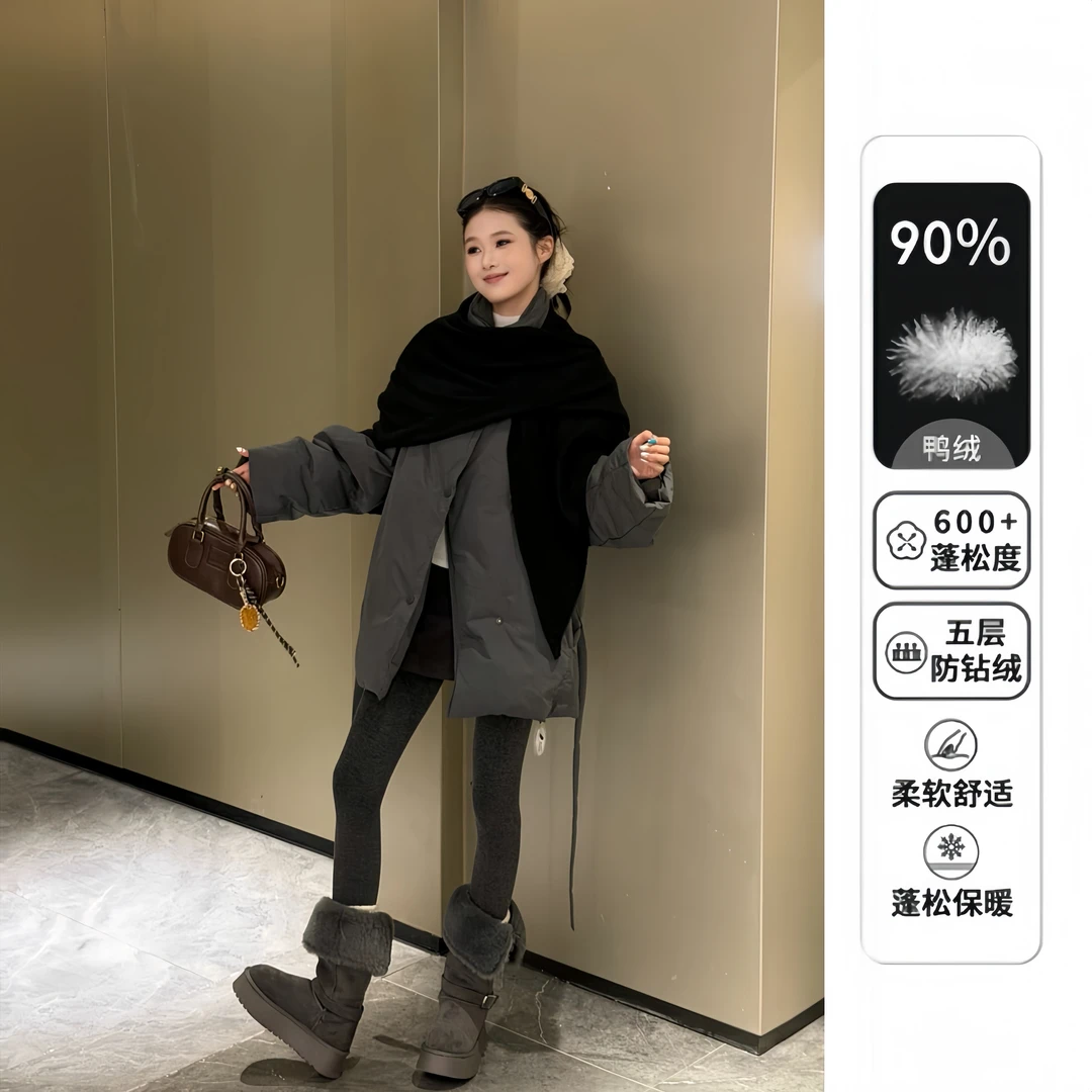【冬日泡芙】韩系翻领设计感羽绒服女2025冬季新款中长款宽松加厚