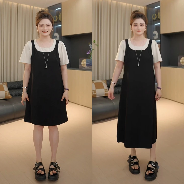 【胖佳佳】现货~莫妮裙 假两件短袖连衣裙夏季气质显瘦H625Q08907