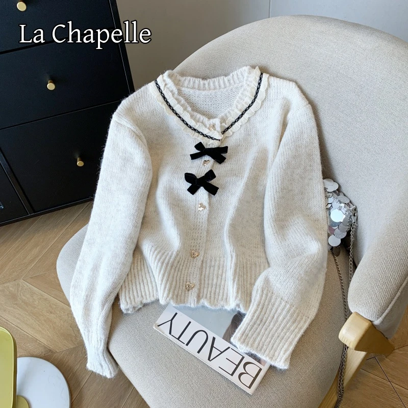 拉夏贝尔秋冬季新款圆领蝴蝶结气质小香风开衫毛衣女蝴蝶结针织衫