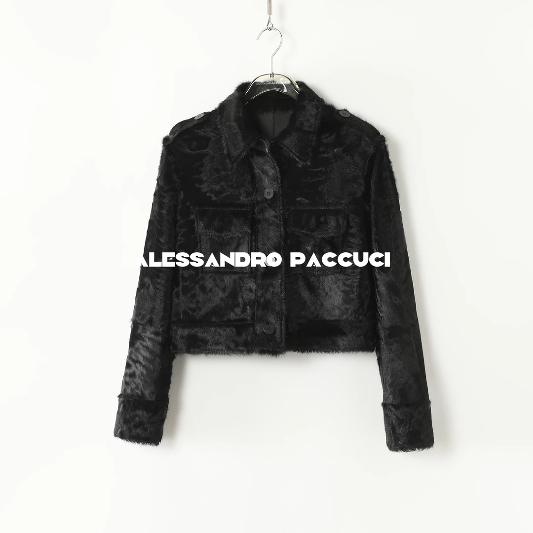 AP洛哥44075CM【极墨】小胎羔 皮毛一体翻领纯色百搭短皮草外套24冬