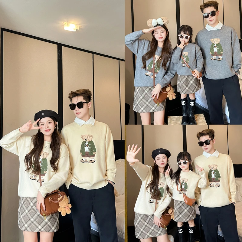 2025秋冬装保暖小熊毛衣针织衫一家三口加厚亲子装父子装8869