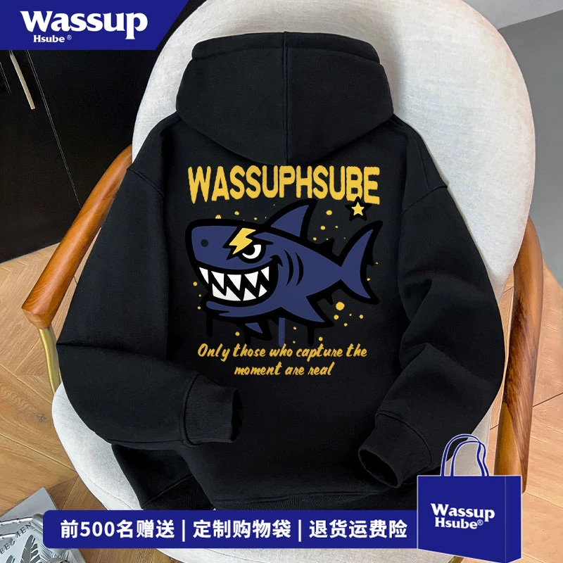 WASSUP HSUBE 秋冬季痞帅百搭重磅上衣欧美式鲨鱼印花连帽卫衣男