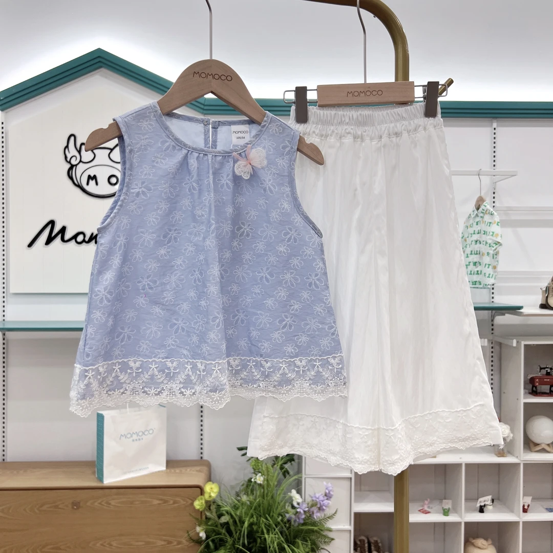 MOMOCO女童夏季时尚休闲满印蕾丝边无袖上衣两件套77000062711