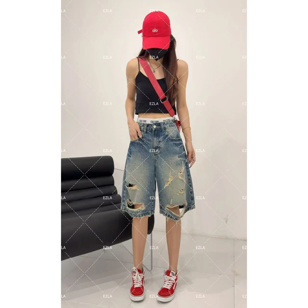 EZ8635 小众枪花设计感复古水洗牛仔裤显瘦宽松高腰阔腿六分裤