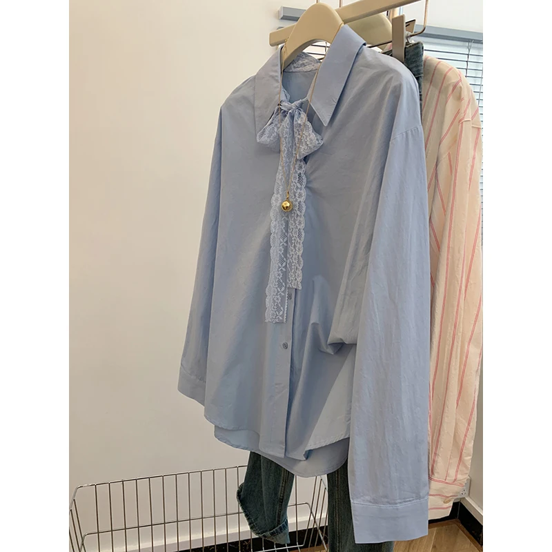 蓝色蕾丝拼接蝴蝶结系带长袖衬衫外套女中长款遮屁股洋气宽松上衣