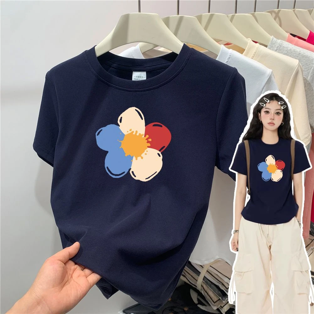 （十三行）夏季显瘦正肩短袖上衣时尚百搭圆领T恤韩版印花打底衫