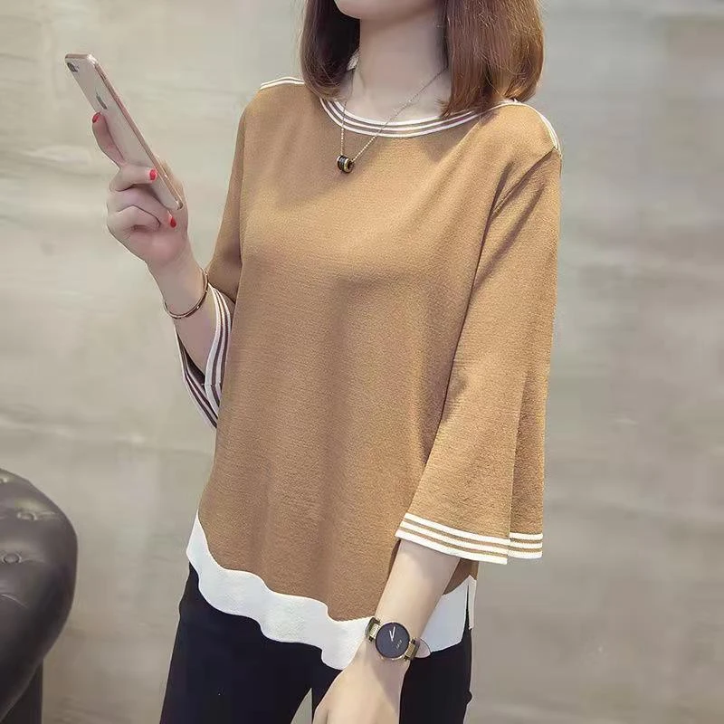 冰冰滑滑的春夏新款一字肩喇叭七分袖宽松外穿洋气胖人遮肚子上衣