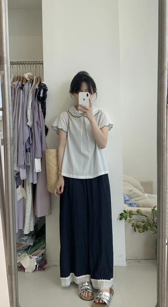 【娃娃领】韩系条纹小衫+藏青色花边裤