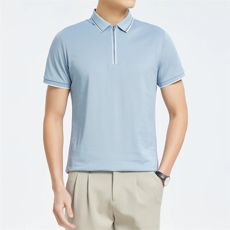 夏季男士半拉链桑蚕丝冰丝短袖翻领透气舒适商务休闲POLO衫T恤