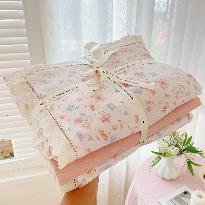 2025新款云感木棉皱皱纱双层纱四件套-花边款