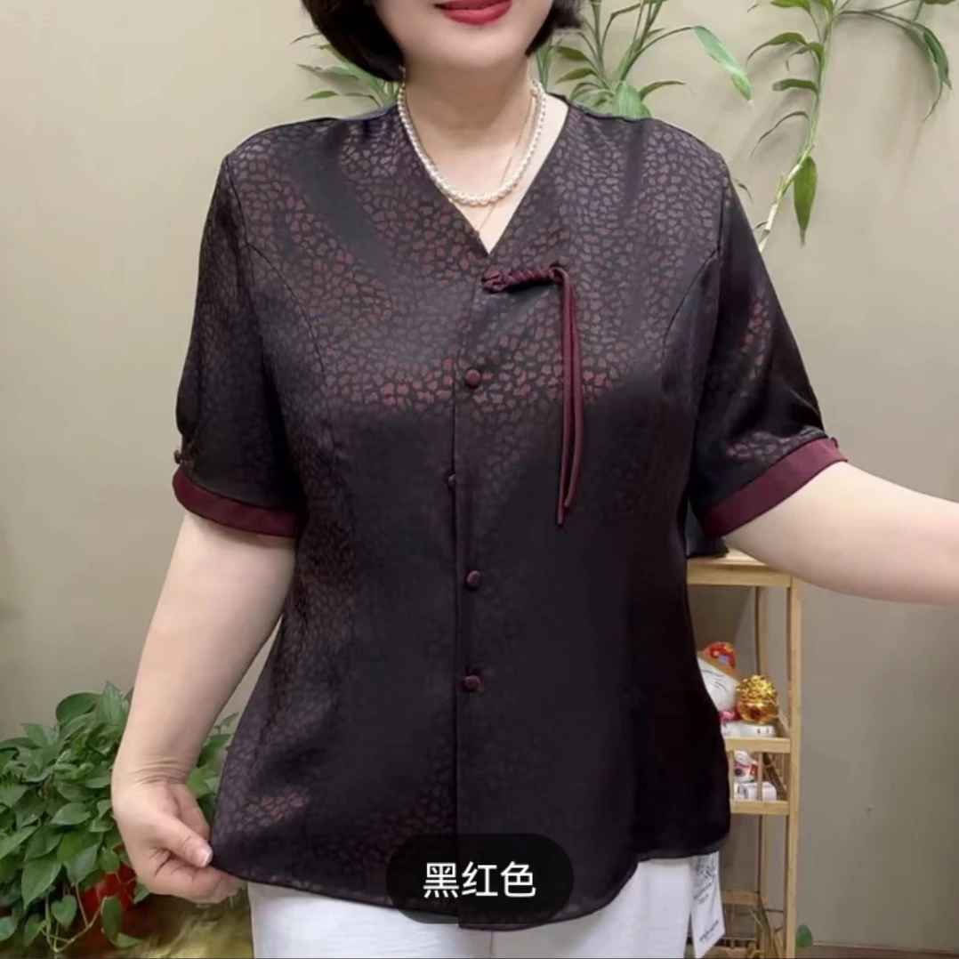 V领中老年女装新中式冰丝针织衫重磅衬衣中袖宽松