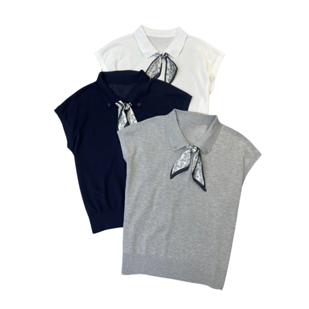 夏季新款 韩系极简百搭Polo领丝巾针织短袖上衣KFR-K111#