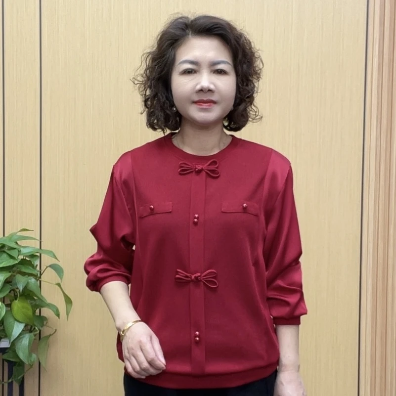 2025春季薄款拼接妈妈装百搭气质洋气长袖时尚中老年打底衫