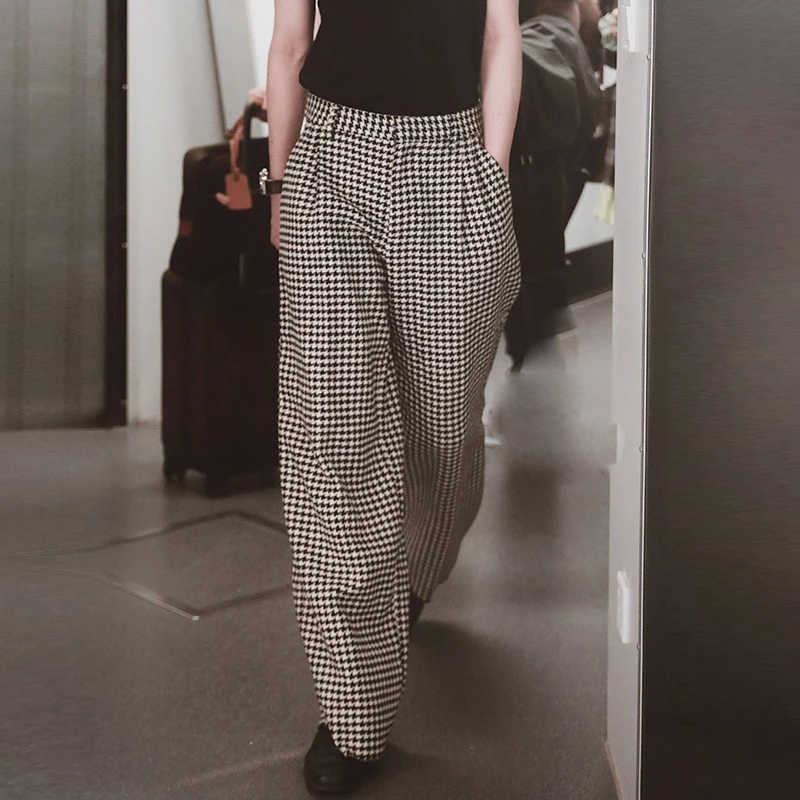 巴黎风轻奢千鸟格阔腿裤西裤男士那不勒斯手工制褶皱宽松休闲长裤