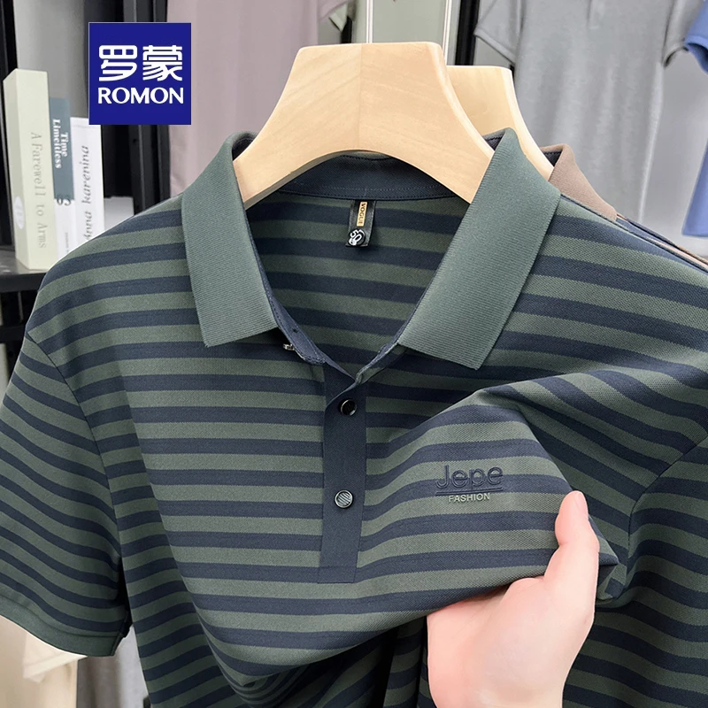 罗蒙男夏季中年新款条纹翻领POIO衫2025男士休闲外穿撞色短袖T恤