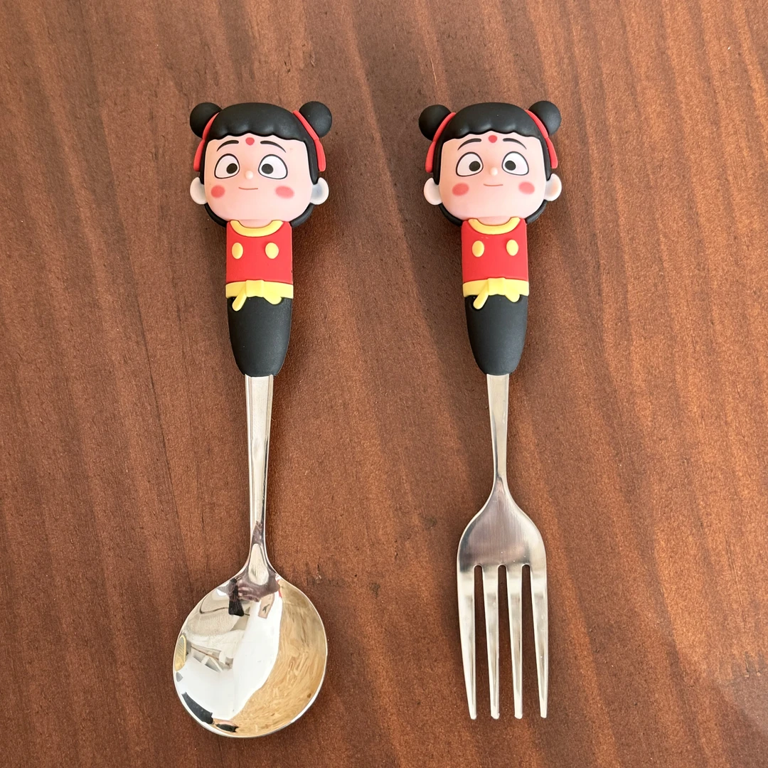 哪吒勺子叉子儿童餐具创意304不锈钢敖丙卡通叉勺宝宝汤勺吃饭勺