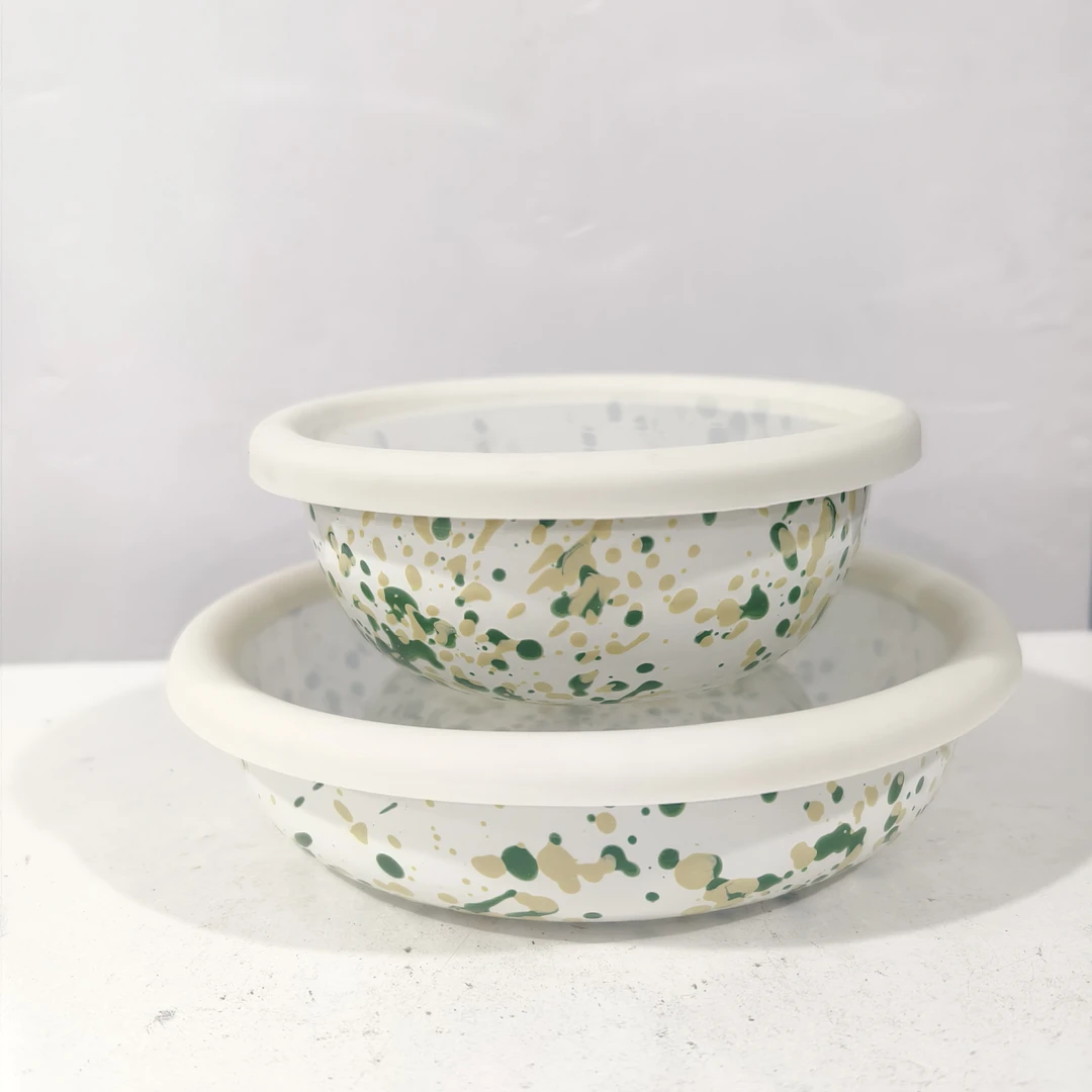 【组合款】黄绿 碗+ 盘子 搪瓷餐具带盖 家用组合套装