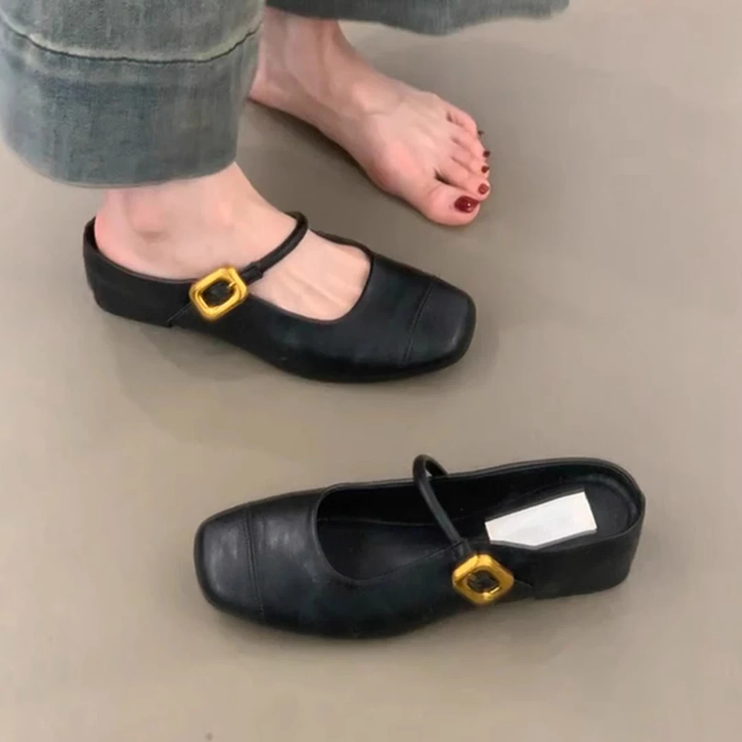 羊皮版~方头复古内增高半拖鞋女一字带浅口真皮百搭轻奢包头凉拖