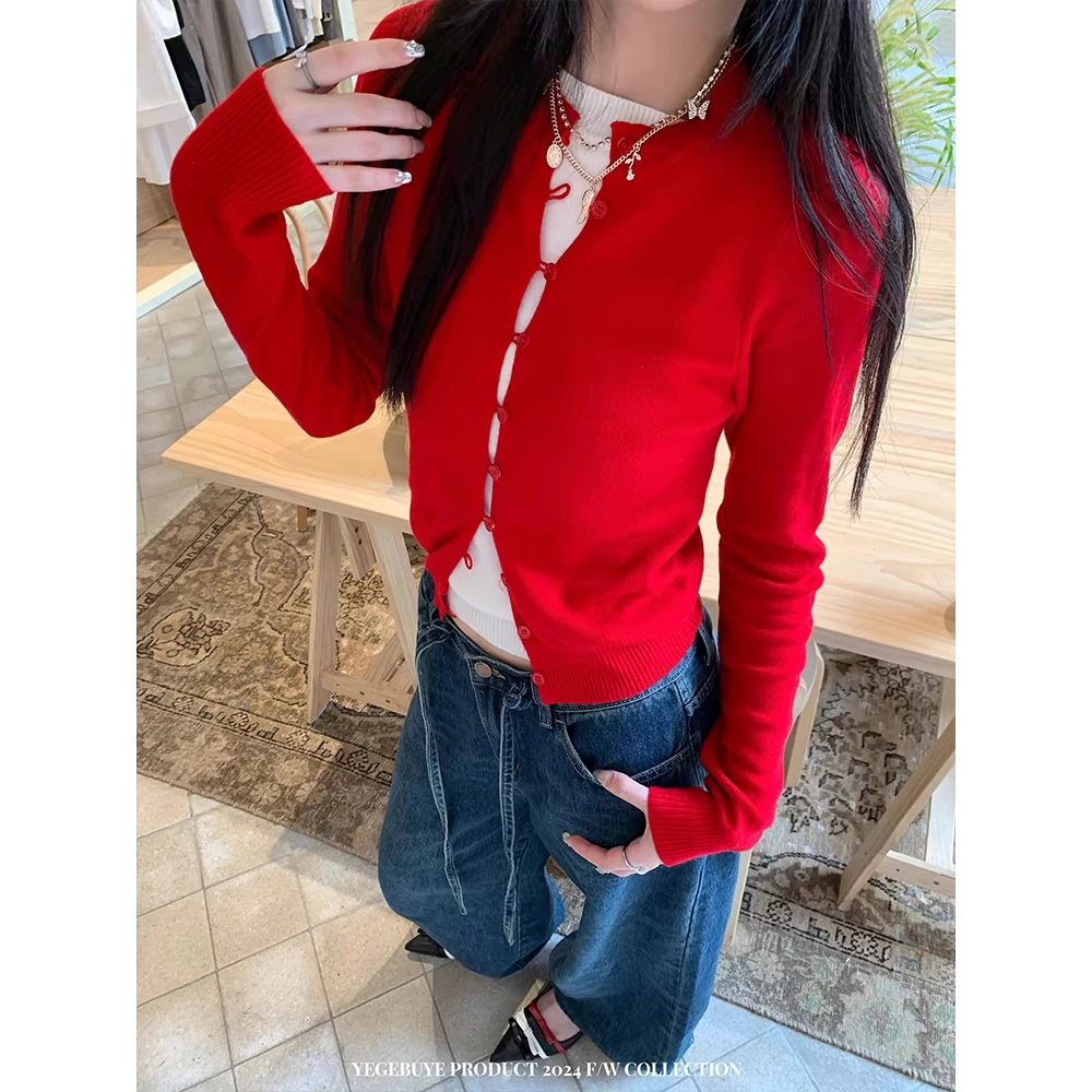 小个子红色显白针织开衫女2025早春新年修身显瘦长袖软糯外套上衣