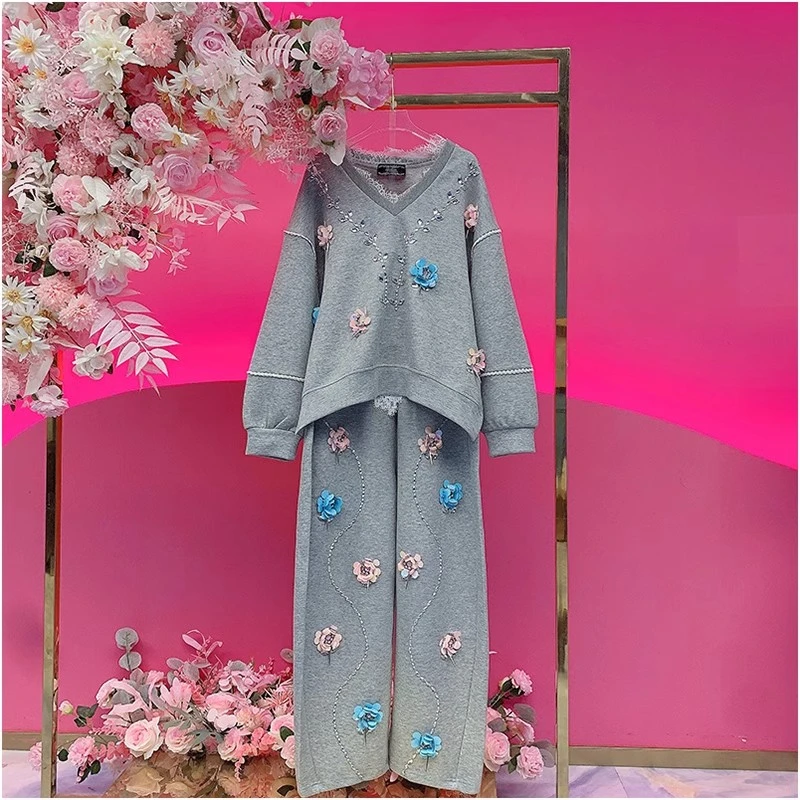 A1185欧美设计师2025早春新款重工钉珠亮片拼接蕾丝花色休闲套装