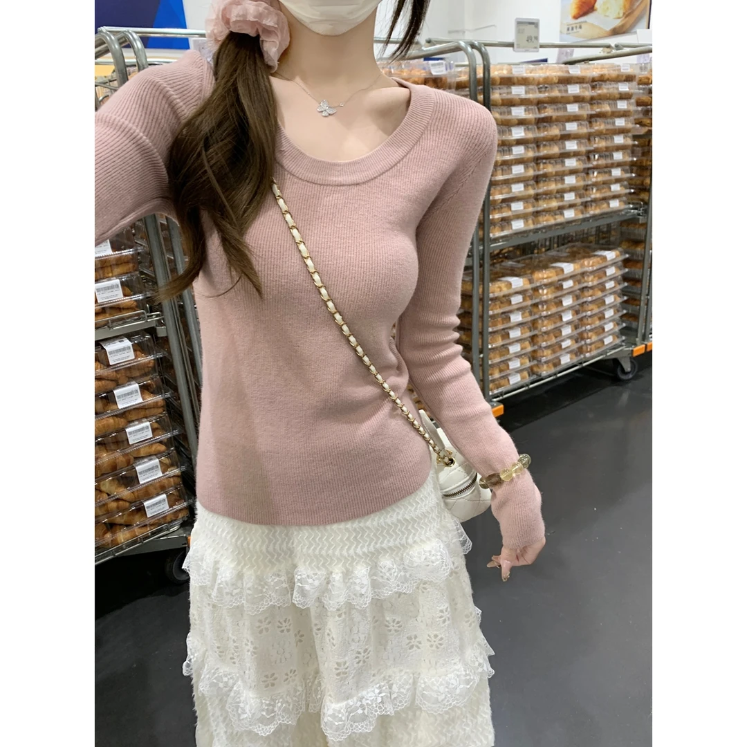 韩版纯欲领内搭长袖针织衫女秋季修身软打底衫毛衣上衣