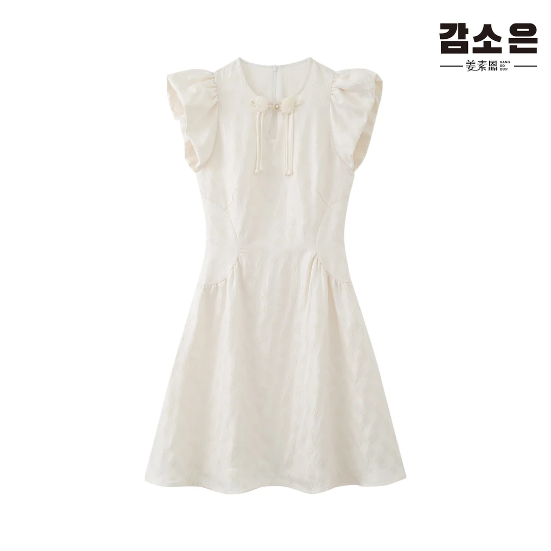 【小铃铛】【白月光】收腰款手工玫瑰盘扣连衣裙J235L020266