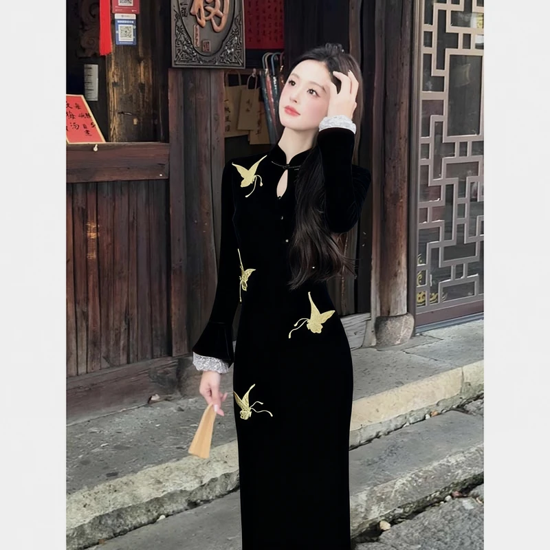 新中式长袖拼蕾丝2025新款连衣裙QY0034