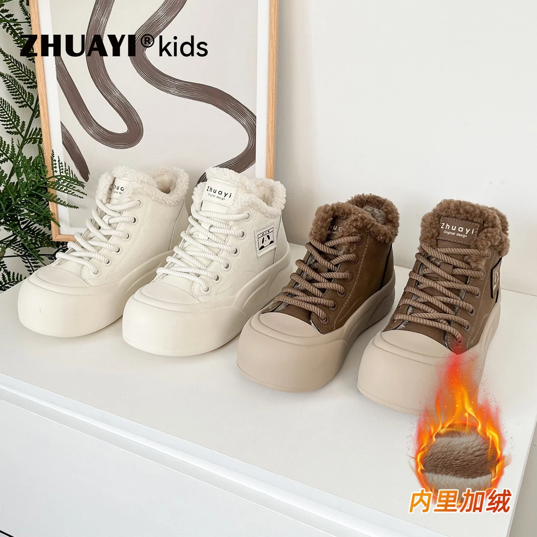 真皮高帮鞋加绒保暖厚底面包鞋2025冬季新款女休闲鞋（25420305）1