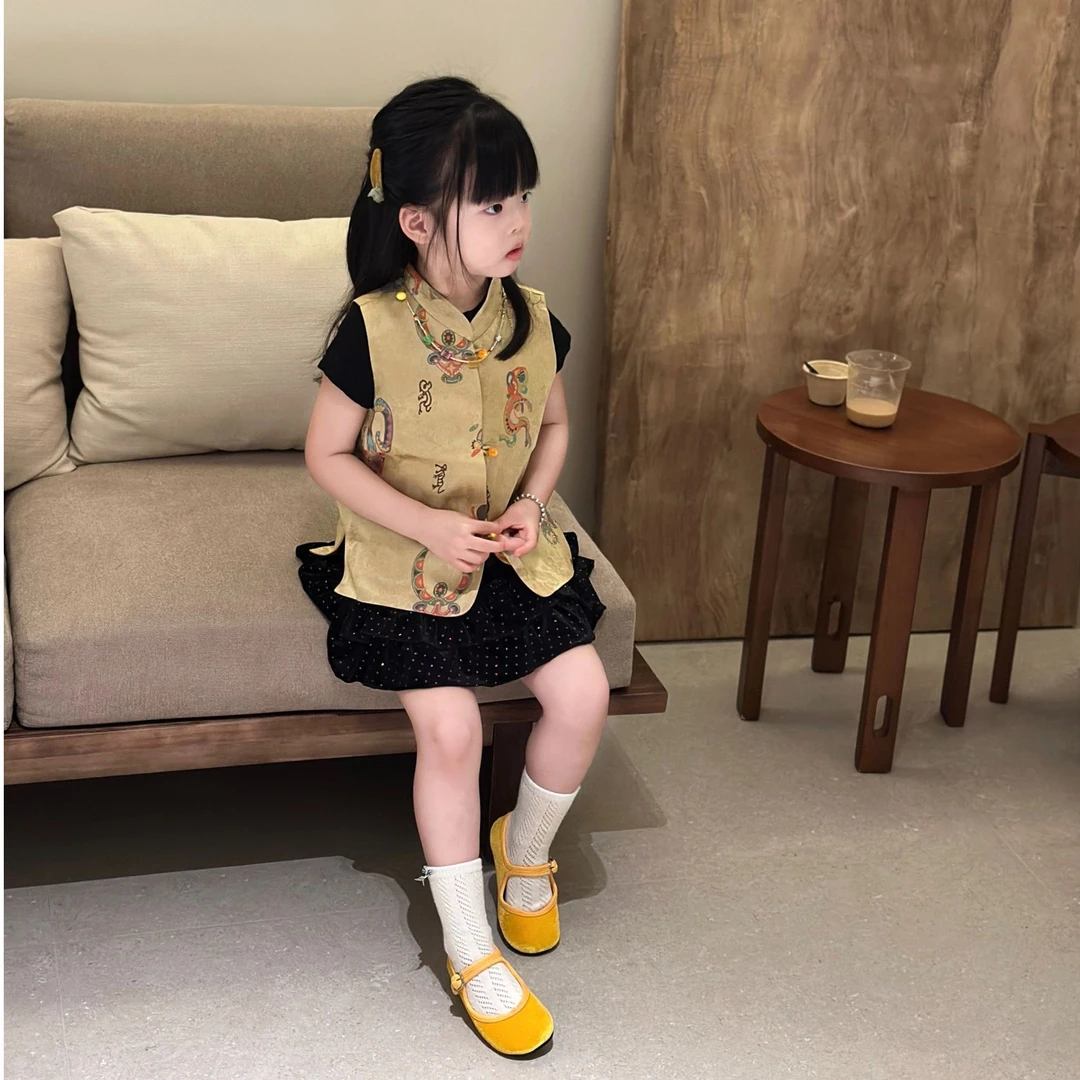 壹妈童装女童秋季新款套装时尚小女孩复古中国风马甲波点半身裙