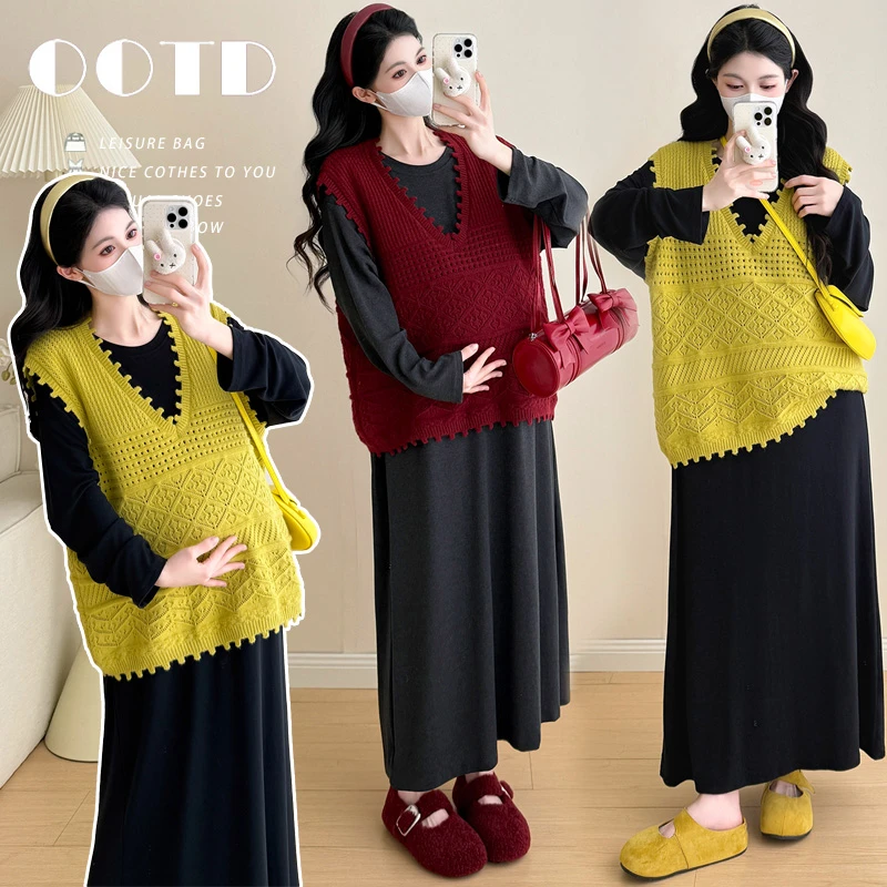 韩系秋季孕妇2025新款洋气宽松针织马甲长袖打底连衣裙两件套秋装