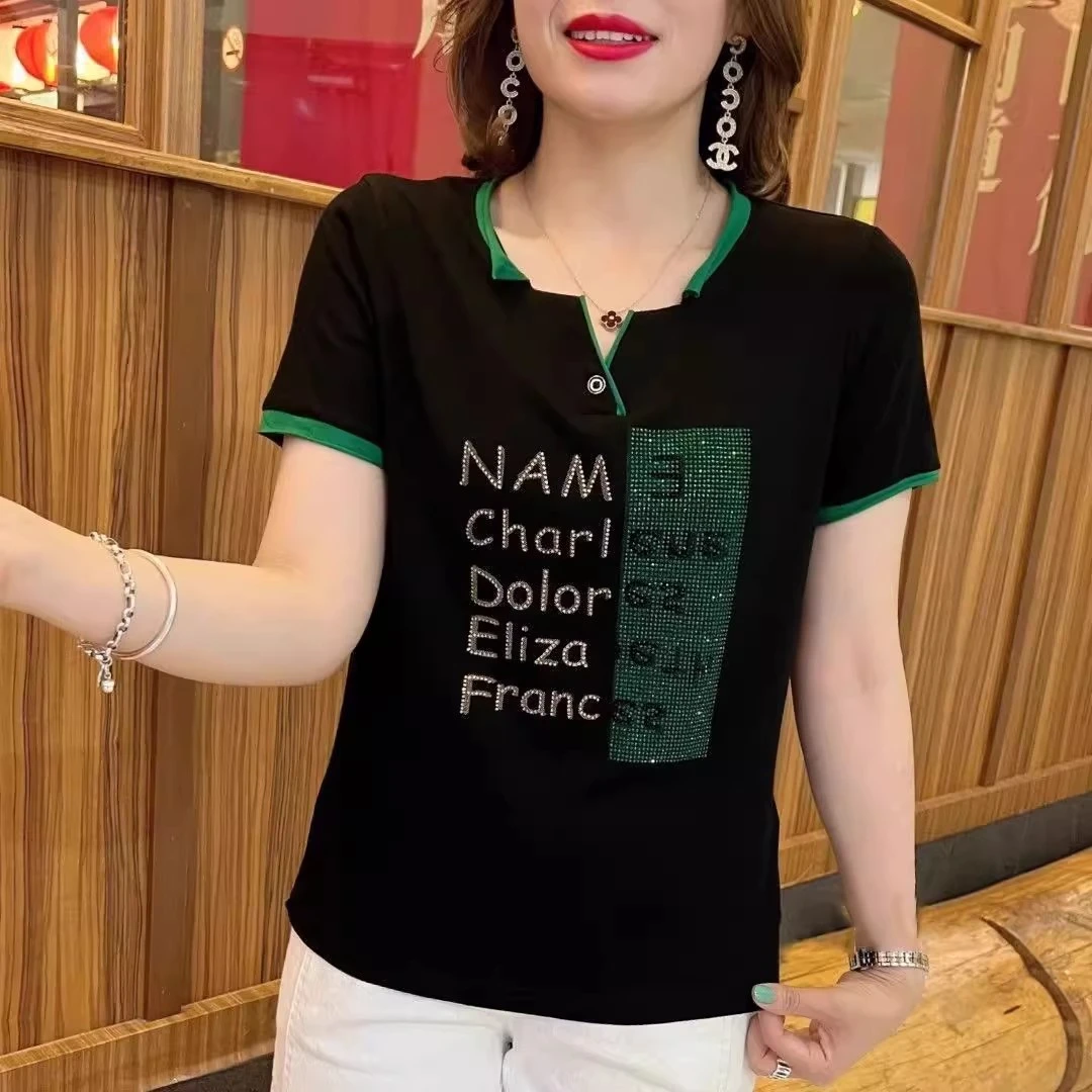 短袖T恤女夏季新款时尚百搭镶钻小衫遮肚显瘦妈妈装气质V领上衣女