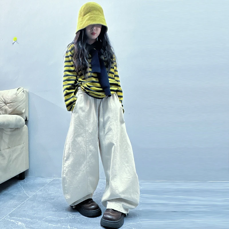 【毛妈潮牌】女童春秋条纹打底衫弯刀裤套装2025中大儿童洋气两件套