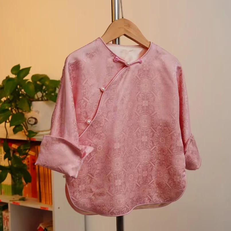卓苗儿童真丝上衣桑蚕丝粉色八达运斜襟上衣女童宝宝一体袖国风