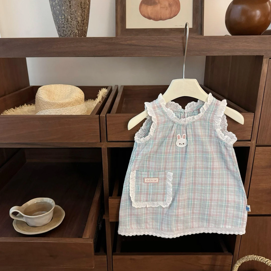 女童宝宝夏季甜美蕾丝花边格子背心裙洋气可爱公主无袖连衣裙薄款