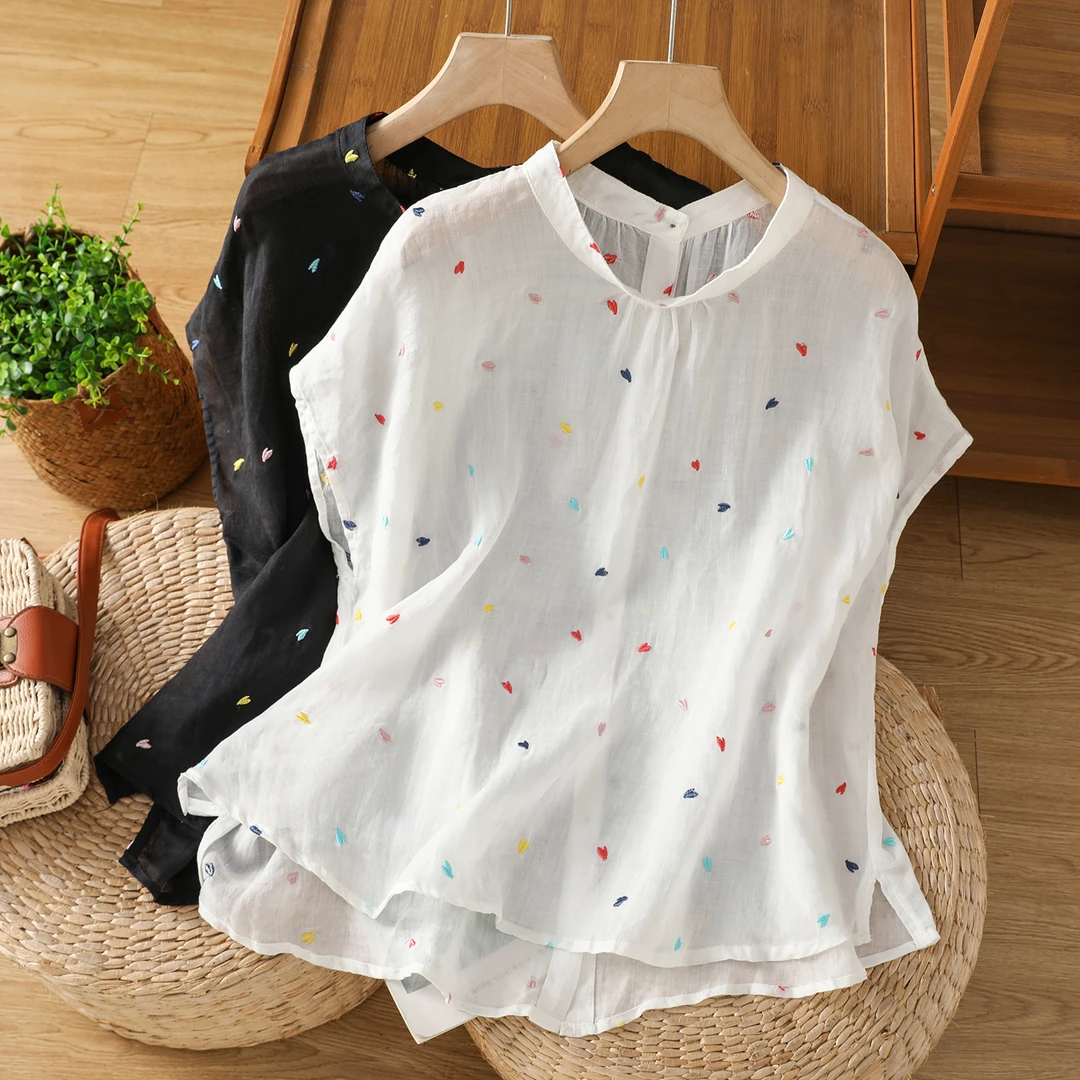 高级感彩色爱心刺绣无袖衬衫2025夏季新款宽松休闲百搭上衣小衫女