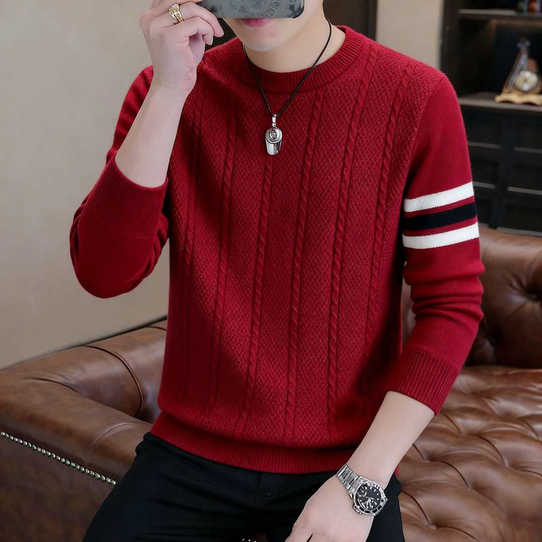 A34绵羊毛圆领浮雕男士针织衫毛衣套头衫休闲加厚保暖长袖打底