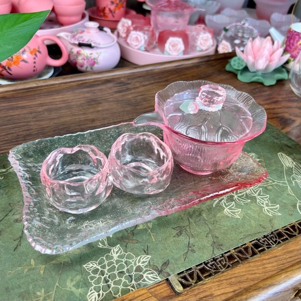 【直播专享】日式透明粉高颜值加厚玻璃盖碗功夫茶具女通用盖碗套装