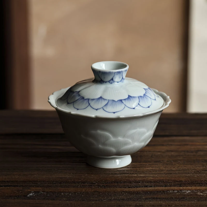 【静姐小院】青樵花开雕刻盖碗（青樵S0139）