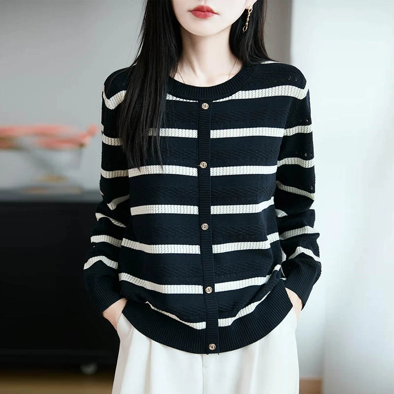 品牌2025新款秋季精纺丝棉条纹毛针织衫韩版拼色时尚宽松假开衫