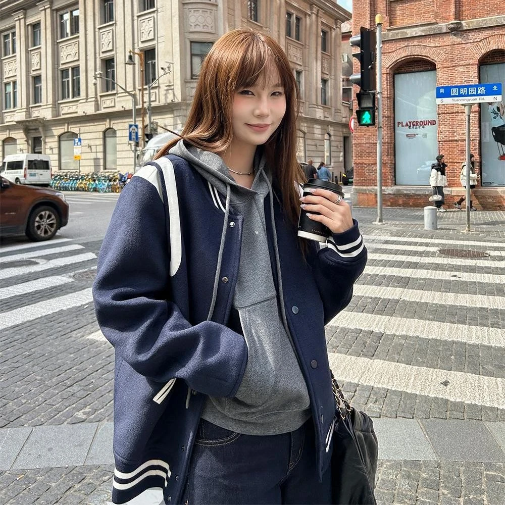 D YANGJUN 【年中福利】上衣女冬季黑色长袖加厚女装磨毛复古棒球服