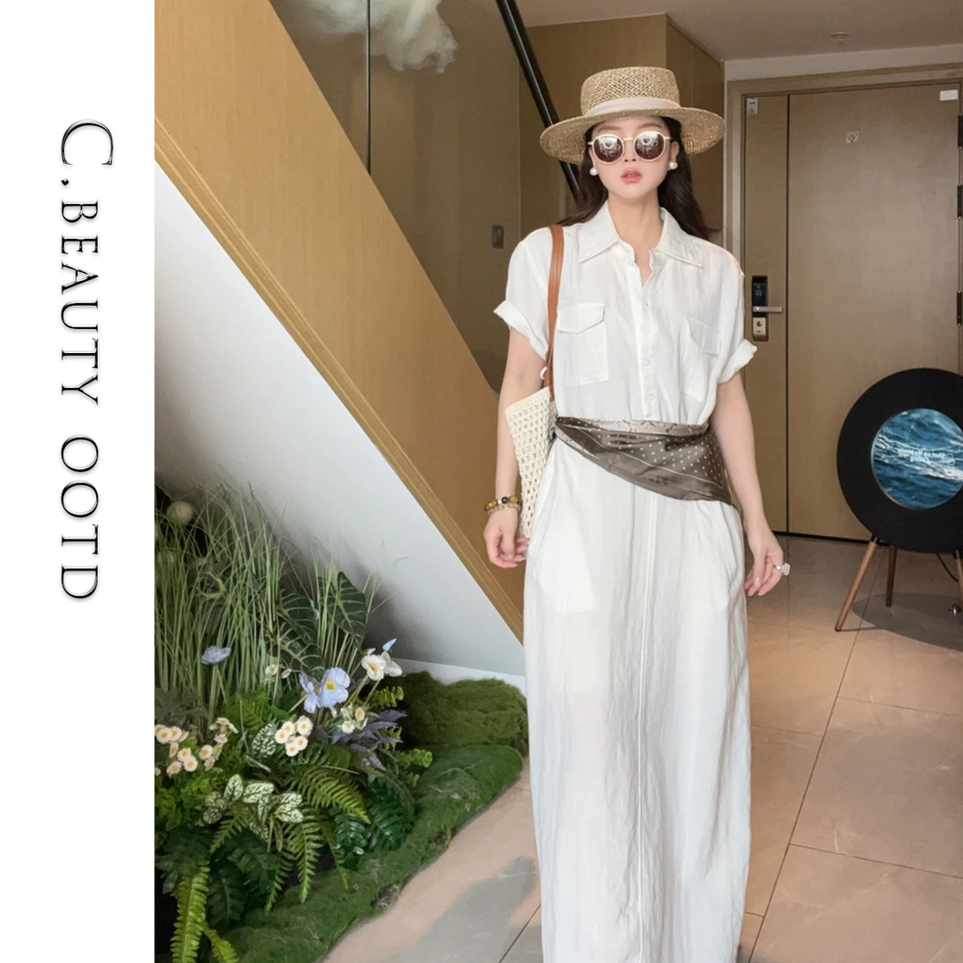 2025新款一体天丝亚麻衬衫短袖连衣裙女