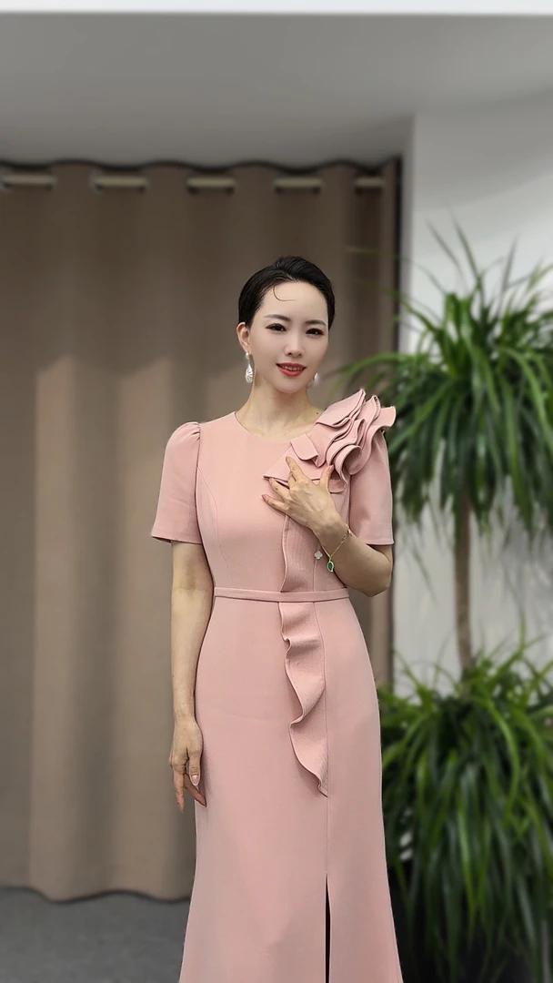 喜妈妈喜婆婆高腰显瘦优雅端长款侧开叉婚宴礼服