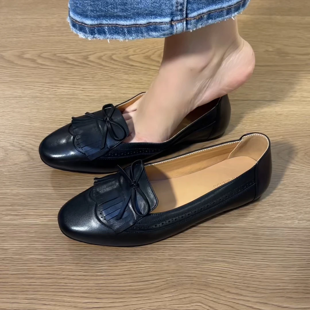 单鞋2025新款浅口罗马风蝴蝶结时尚百搭单鞋复古平底女士真皮单鞋